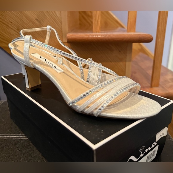 Nina Cream and Silver Sandals with Rhinestone Straps - Picture 3 of 5